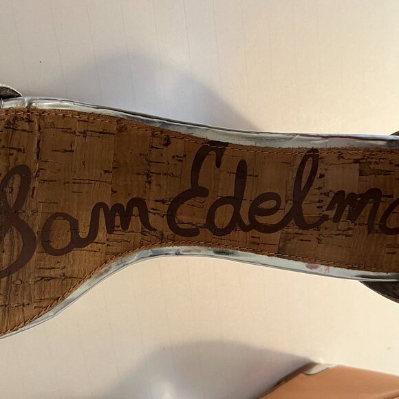 Sam Edelman Sophie Wedge Sandal Open Toe Tan Silver Cream Ankle Strap Women 8.5M - Picture 6 of 14